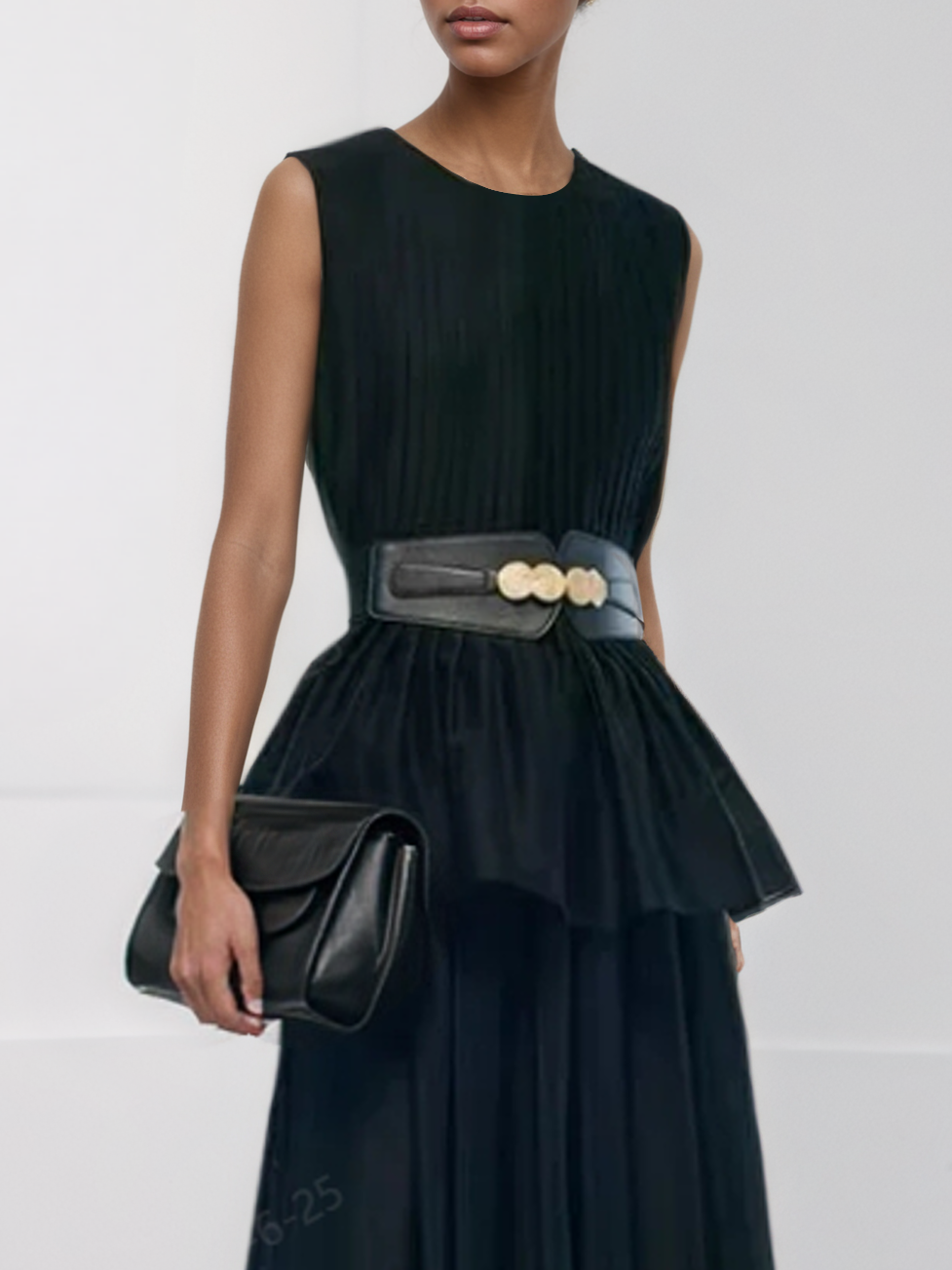 Women Black Lyocell Pleated Crew Neck Sleeveless Dressy Top With Skirt Two-Piece Set