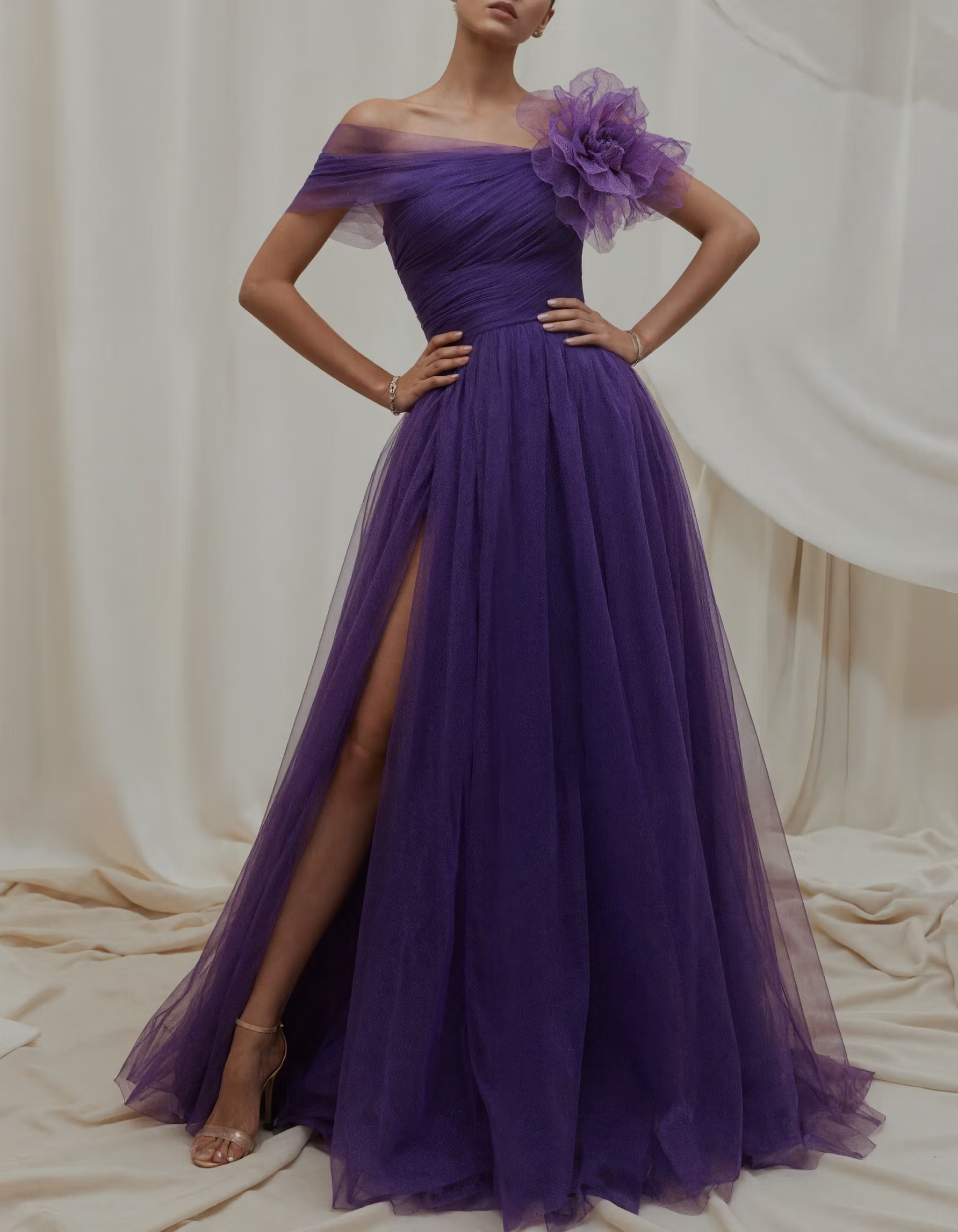 Dark Purple Tulle Off-the-Shoulder 3D Floral High Slit Maxi Dress