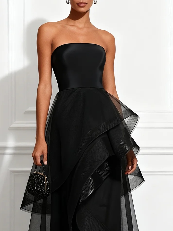 Black Mesh Ruffled Satin Strapless Sleeveless A-Line Floor-length Gown Dress