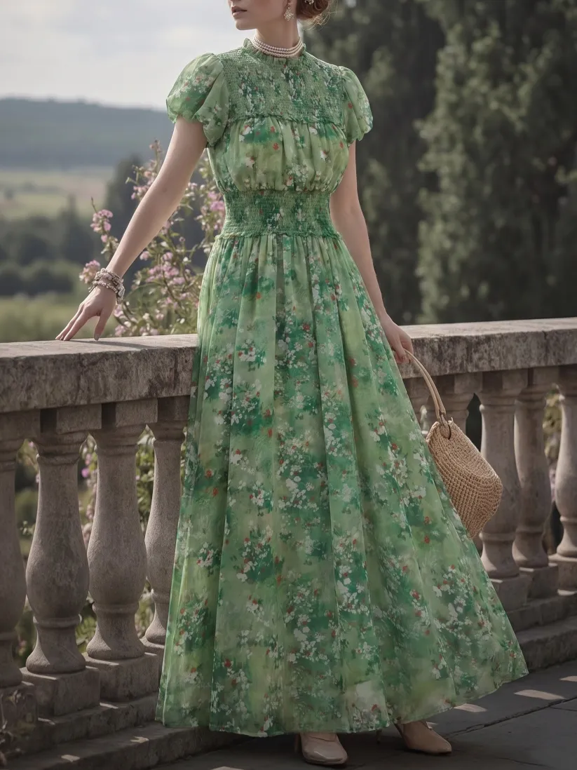 Maxi Cotton Dress, Short Sleeves, Round Neck, Floral, Vintage, Green
