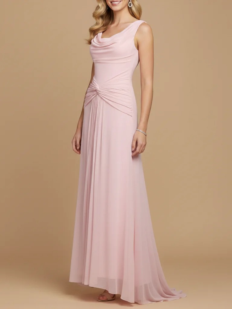 Blush Pink Ruched Slit Tulle Cowl Neck Sleeveless A-Line Maxi Bridesmaid Dress