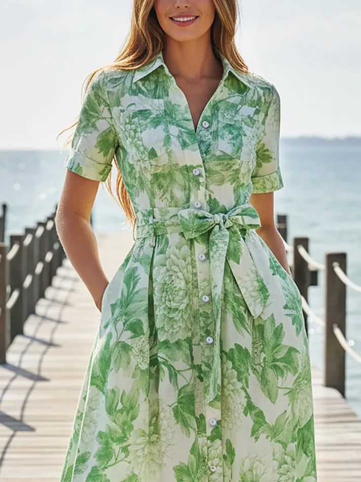 Maxi Linen Dress, Short Sleeves, Shawl Collar, Floral, Pocket Design, Vacation, Vintage, Green