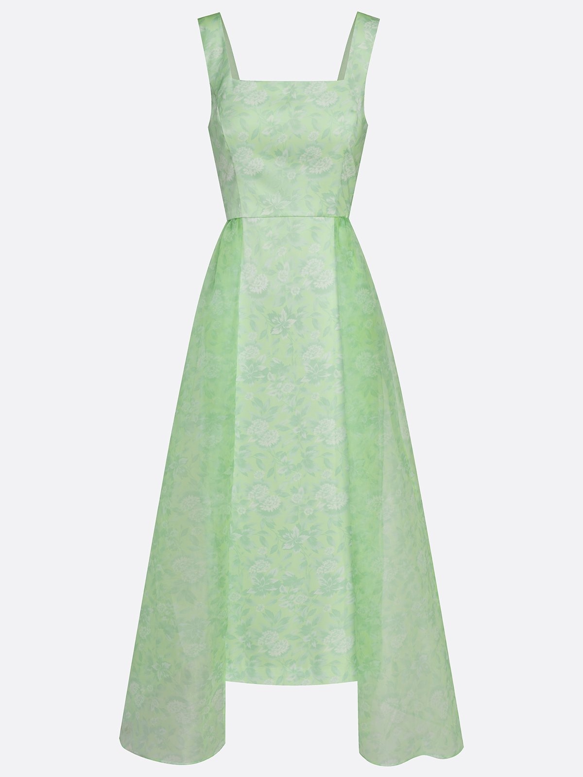 Light Green Floral Split Joint Satin Square Neck Sleeveless A-Line Maxi Dress