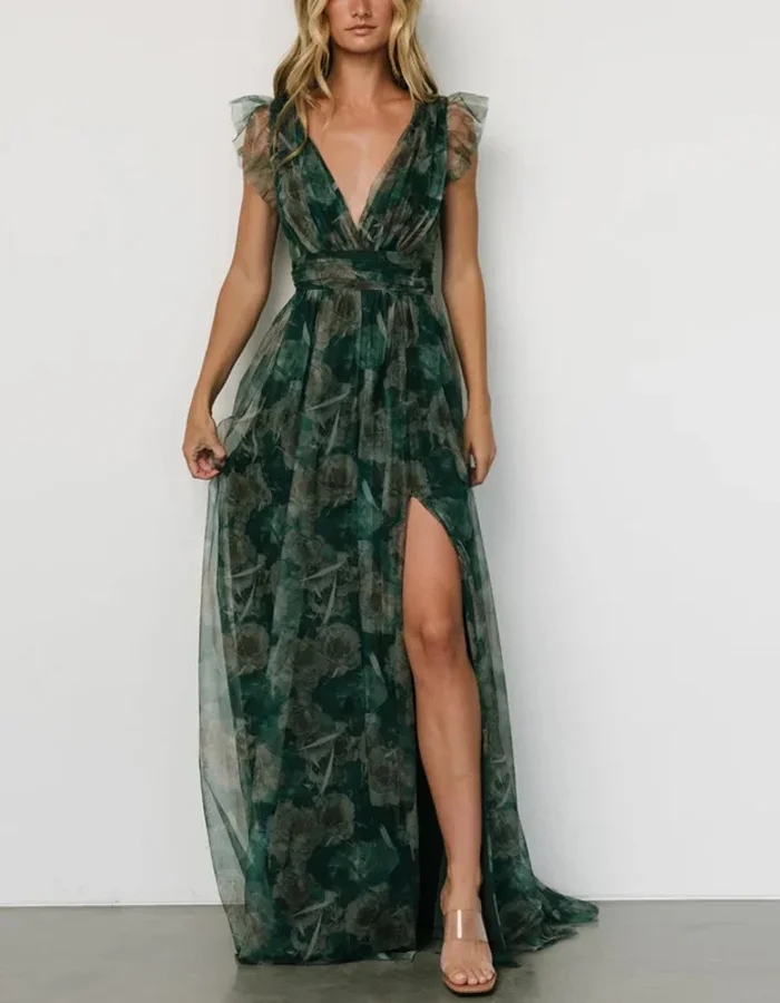 Romantic Green Tulle Gown with Ruffled Sleeves and Plunging Neckline