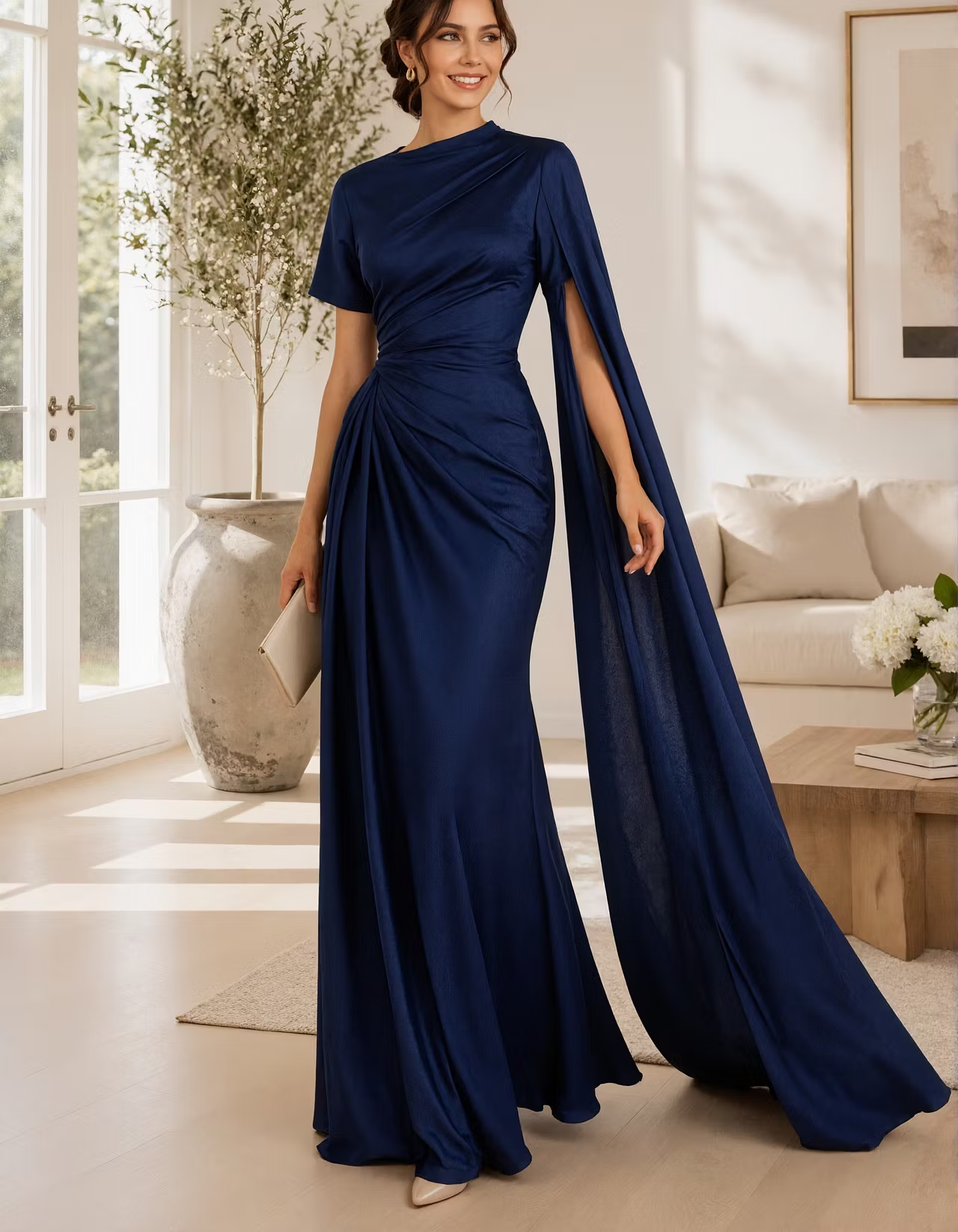 Navy Blue Satin Short Sleeved Cape Style Maxi Dress