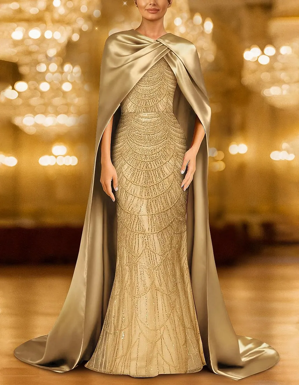 Champagne Gold Twist Cape Beaded Mermaid Maxi Dress