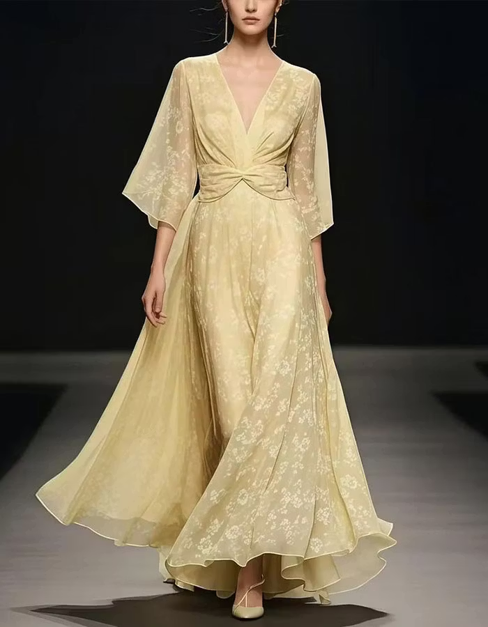Pale Yellow Printed Deep V-Neck Bell Sleeve Chiffon Maxi Dress