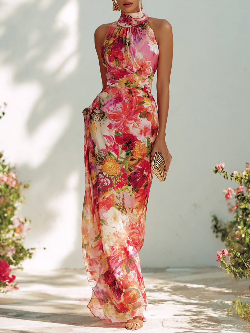 Red Floral Chiffon Halter Sleeveless A-Line Maxi Dress
