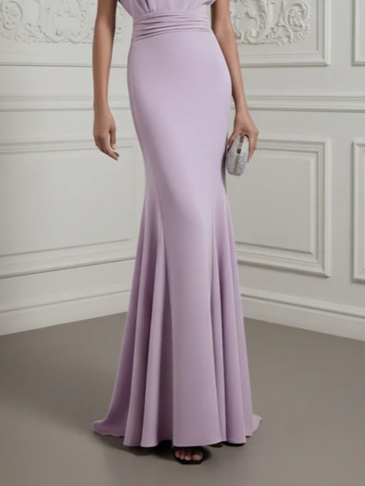 Lavender Ruched Classic Boat Neck Short Sleeve Raglan Sleeves Mermaid Gown Dress