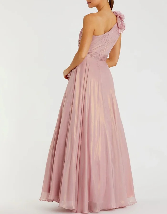 Pink One-Shoulder Ruched Chiffon Maxi Dress With 3D Floral