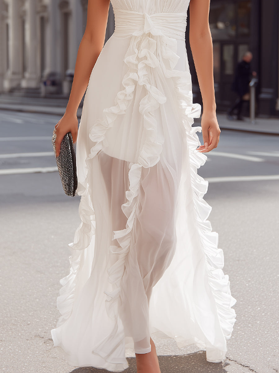 White Halter Neck Ruffle Detail Maxi Dress