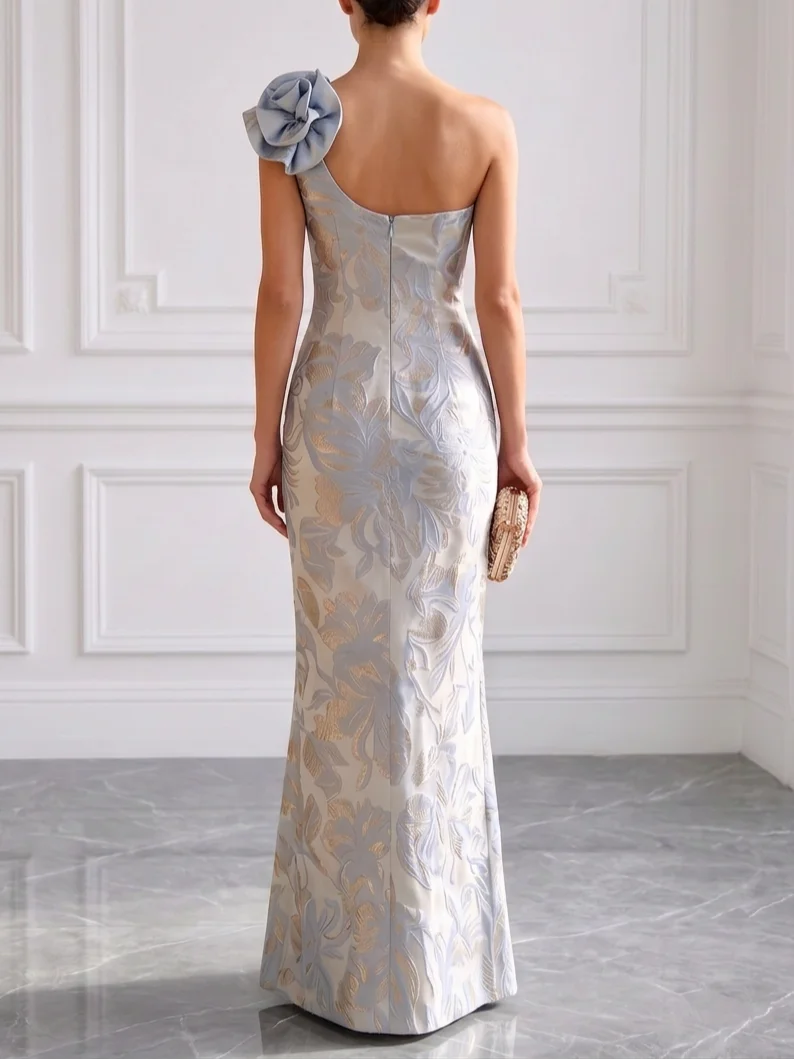 Blue Jacquard 3D Floral Classic One Shoulder Sleeveless Sheath Maxi Dress