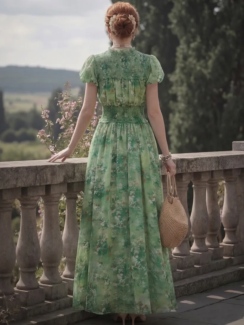 Maxi Cotton Dress, Short Sleeves, Round Neck, Floral, Vintage, Green