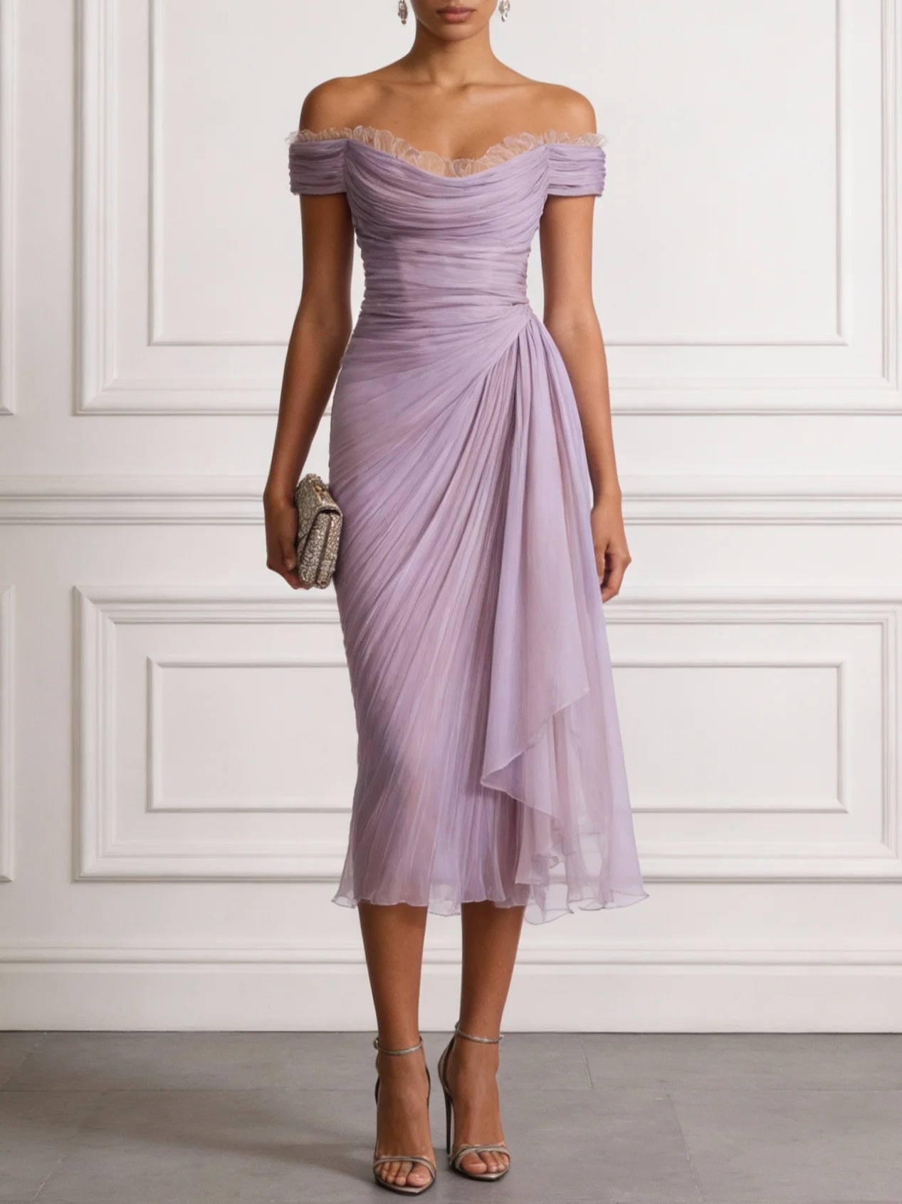 Lavender Ruched Lace Chiffon Off The Shoulder Short Sleeve A-Line Midi Dress