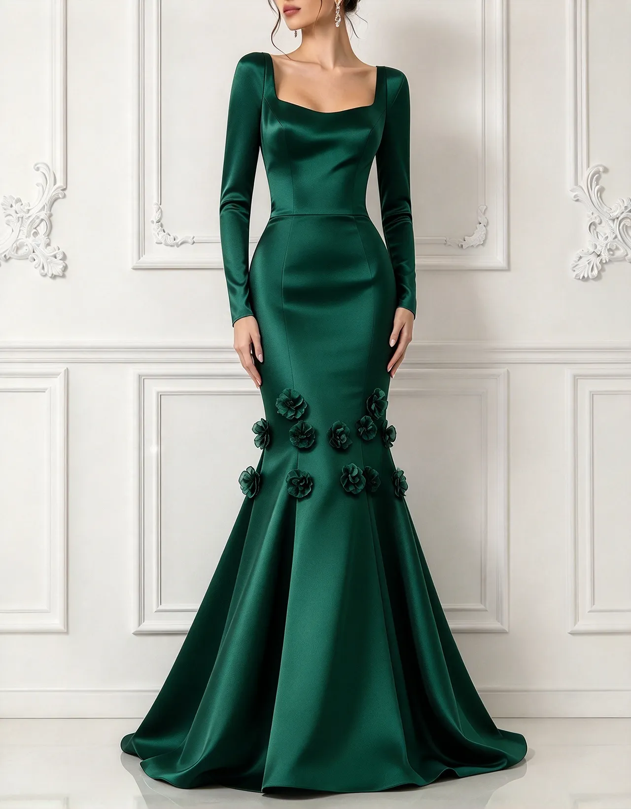 Square Neck Long Sleeve Satin 3D Flowers Mermaid Maxi Dress