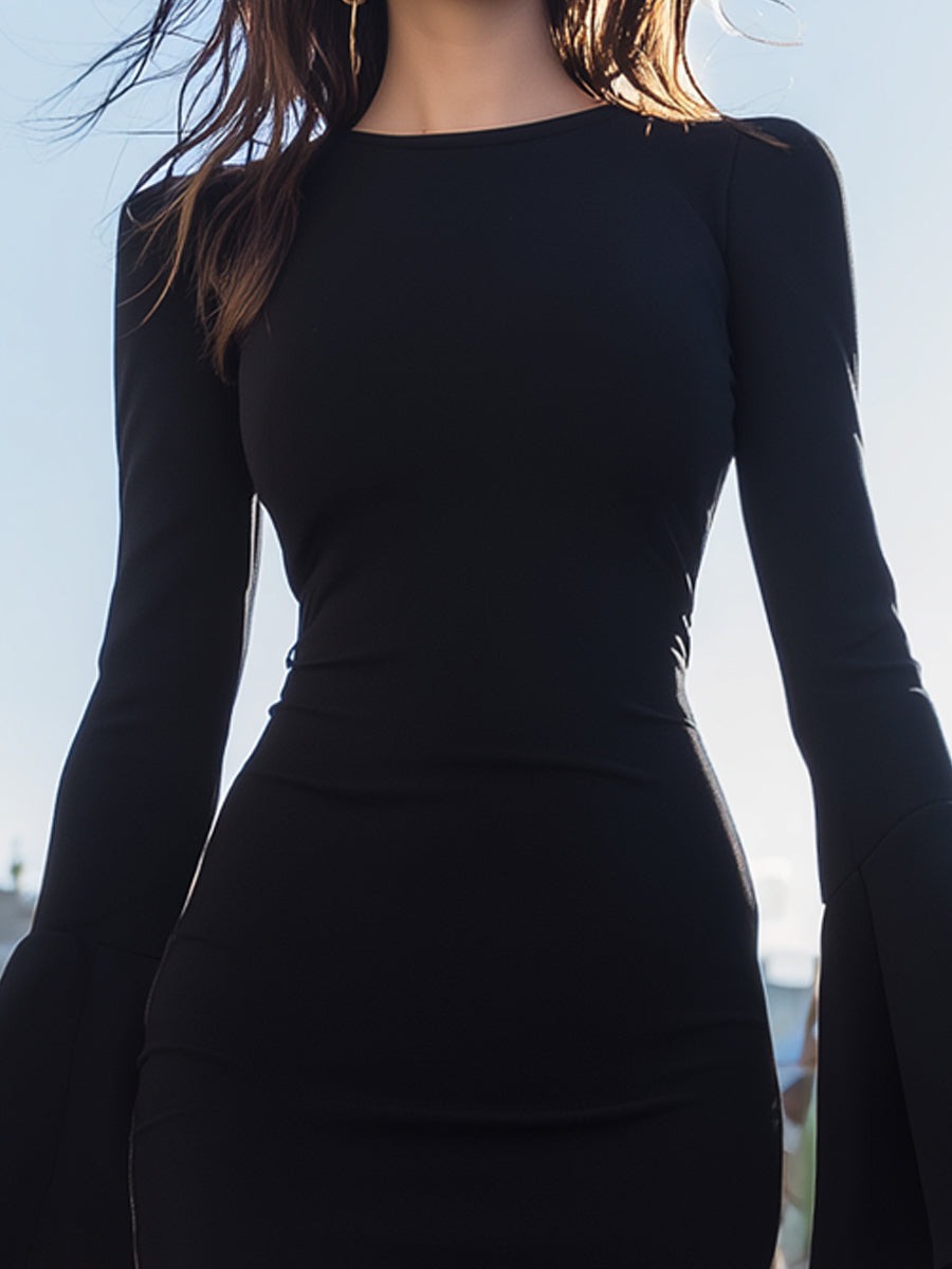 Minimalist Fitted Dress With Fluid Bell Sleeves