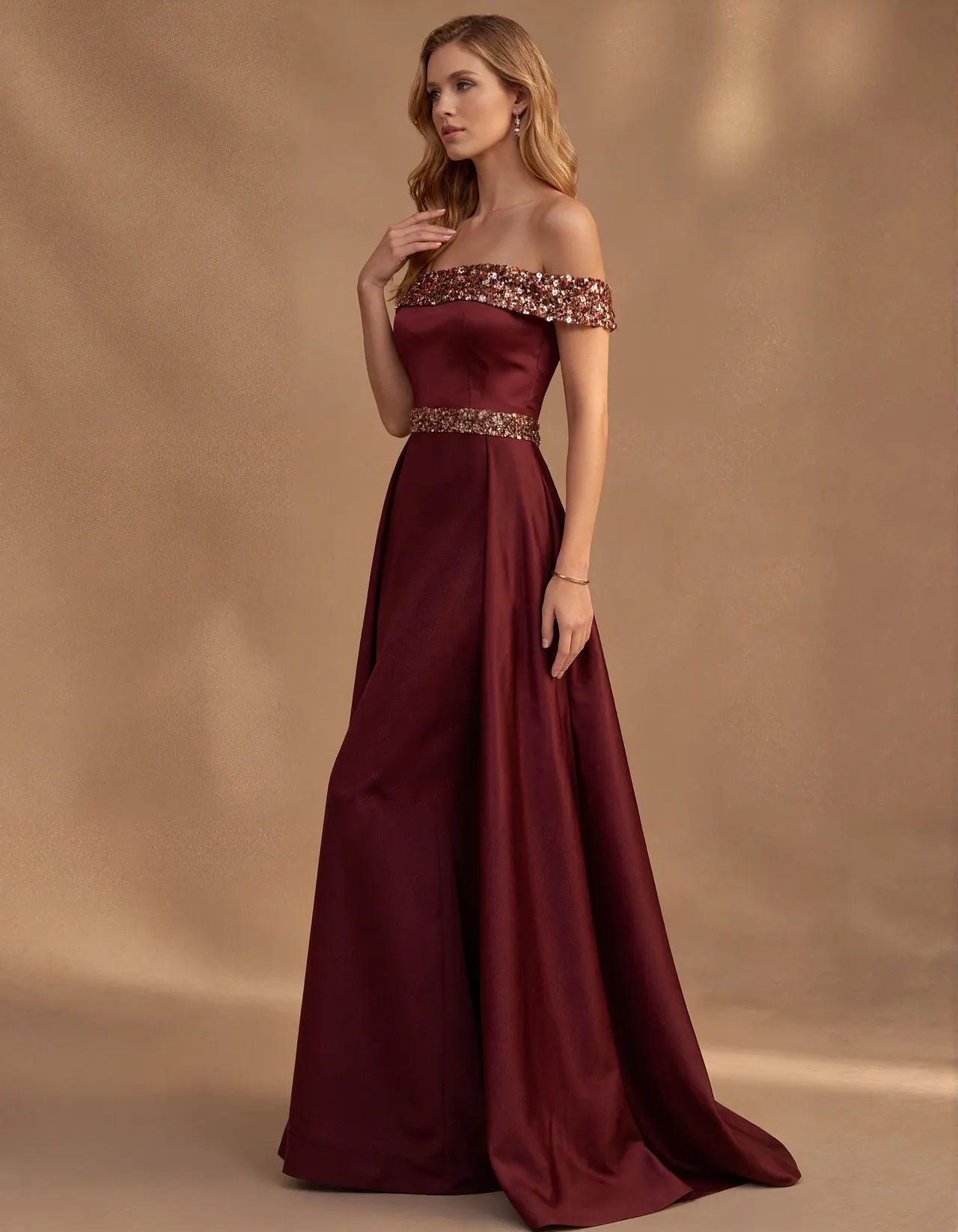 Burgundy Off The Shoulder Satin Maxi Dress