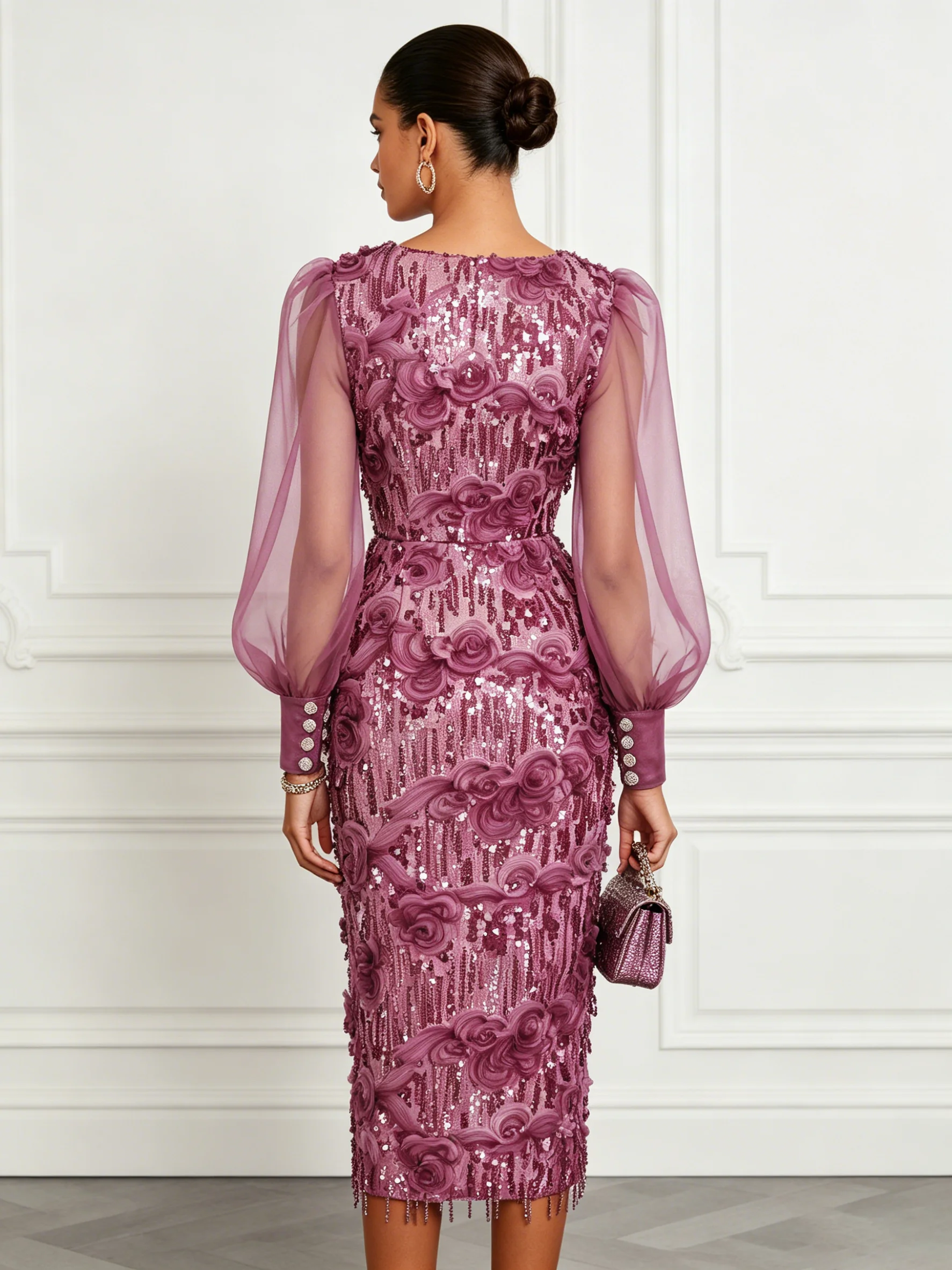 Purple 3D Floral Glitter Classic V Neck Long Sleeve Balloon Sleeve Sheath Midi Dress