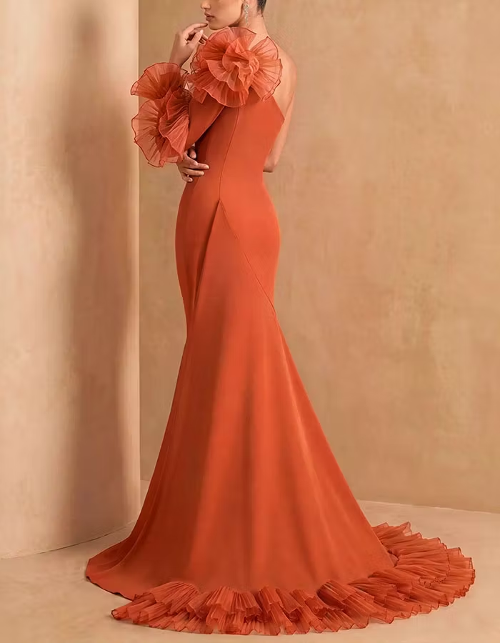 Orange One Shoulder 3D Design Maxi Dress