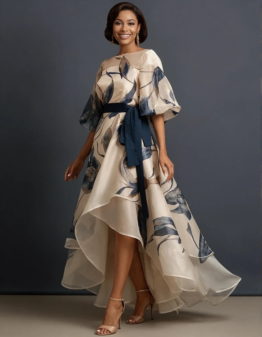 Elegant Navy Floral Organza Gown with High-Low Hem and Sash Belt