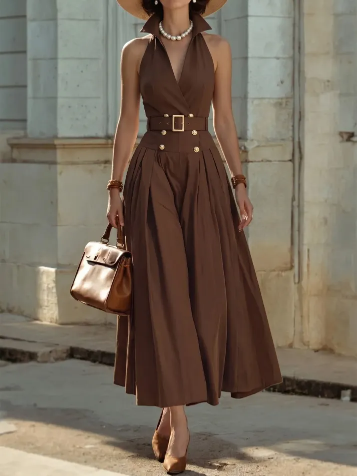 Maxi Cotton Dress, Sleeveless, V Neck, Plain, Belt Design, Vintage, Brown