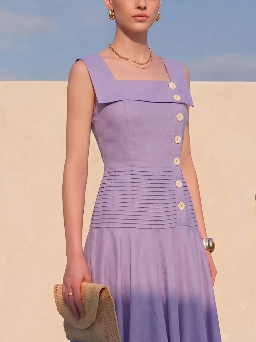 Maxi Linen Dress, Sleeveless, Square Neck, Button Design, French Vintage, Purple