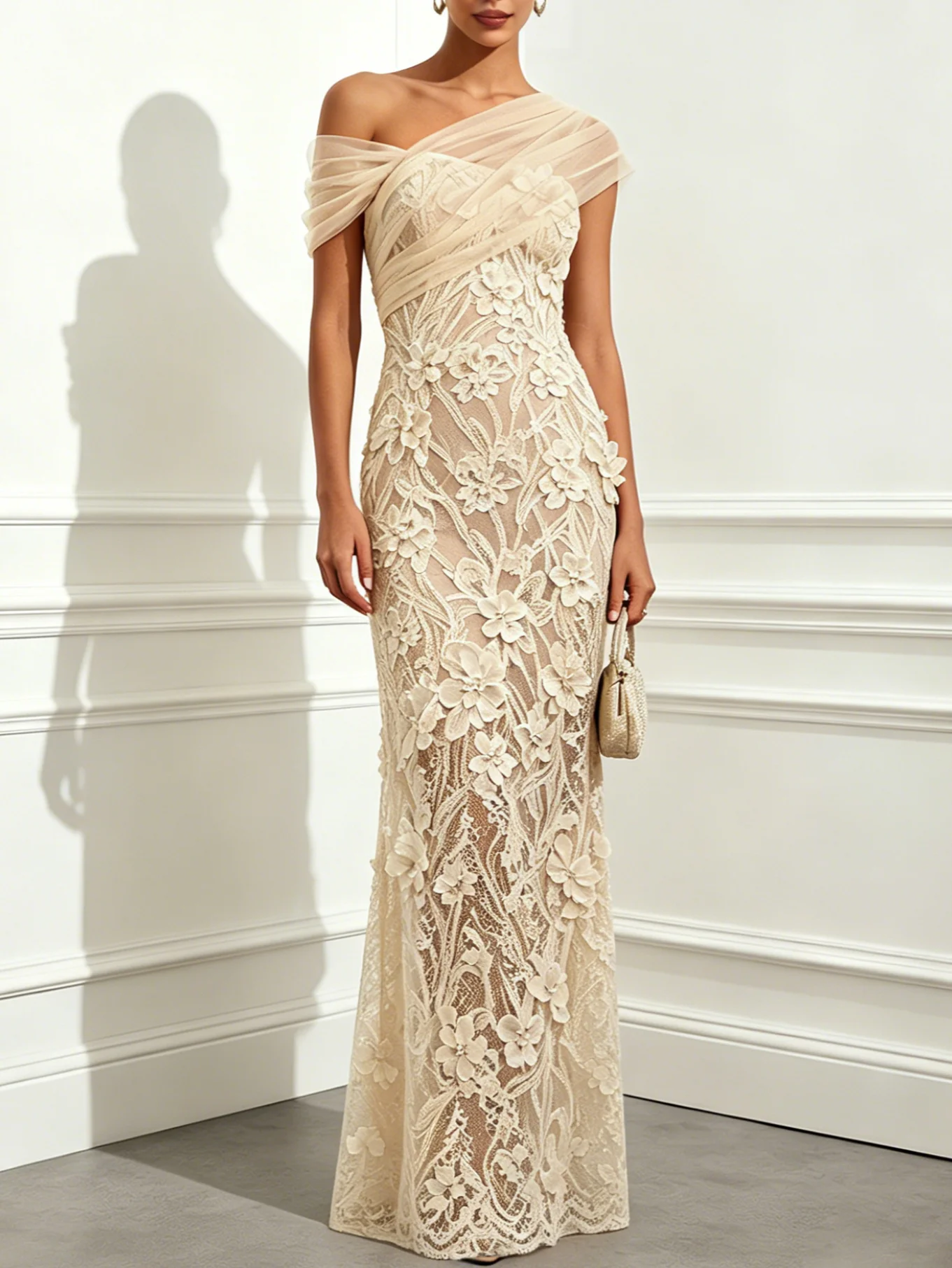 Beige 3D Floral Mesh Lace Asymmetrical Short Sleeve Mermaid Floor Length Dress