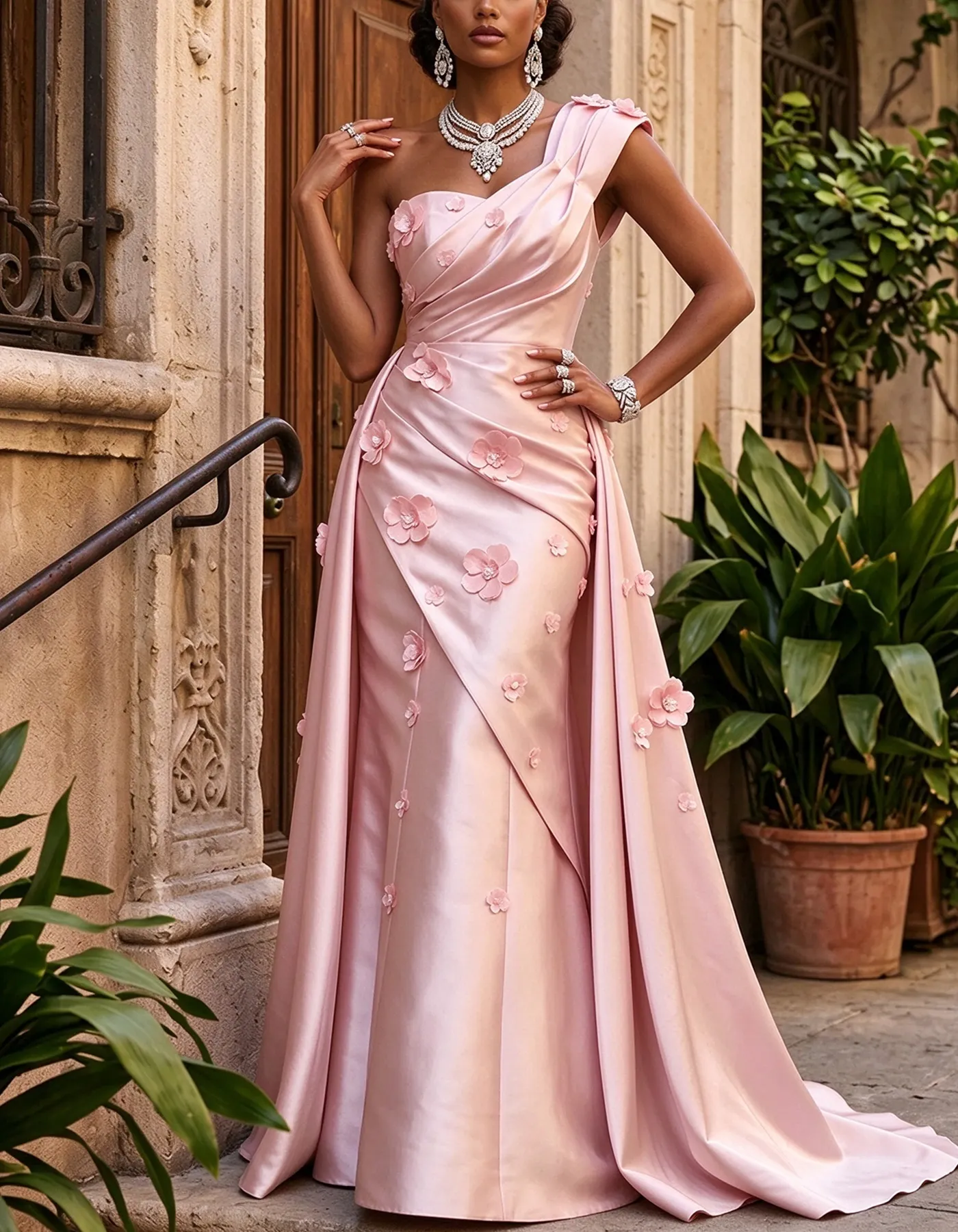 Light Pink Satin One Shoulder 3D Floral Applique Maxi Dress