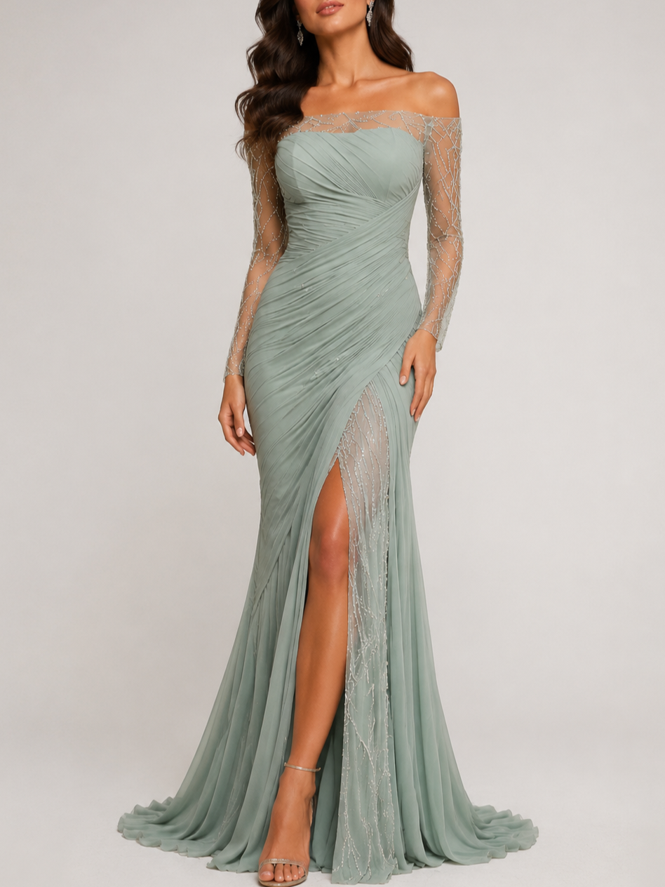 Sage Green Chiffon Off Shoulder Beaded Mesh Long Sleeve High Slit Mermaid Train Evening Gown