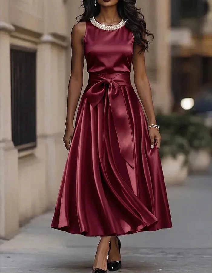 Champagne Satin Pearl Embellished Midi Dress