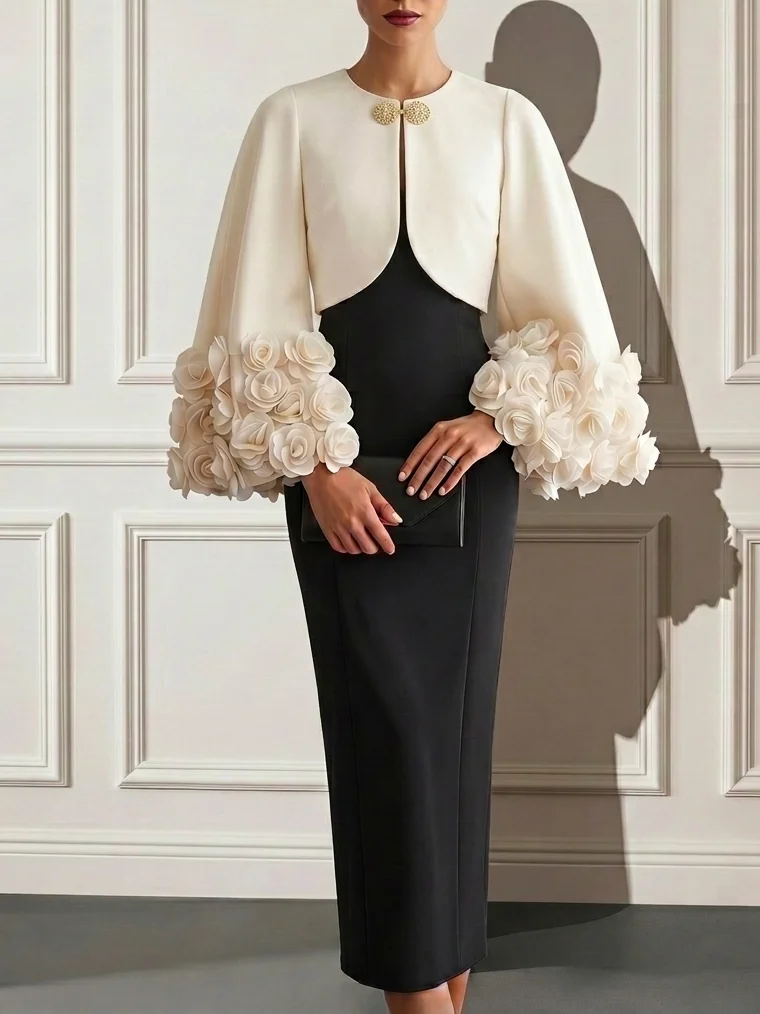 Women Black 3D Floral Crew Neck Half Sleeve Elegant Coat With Skirt Two-Piece Set