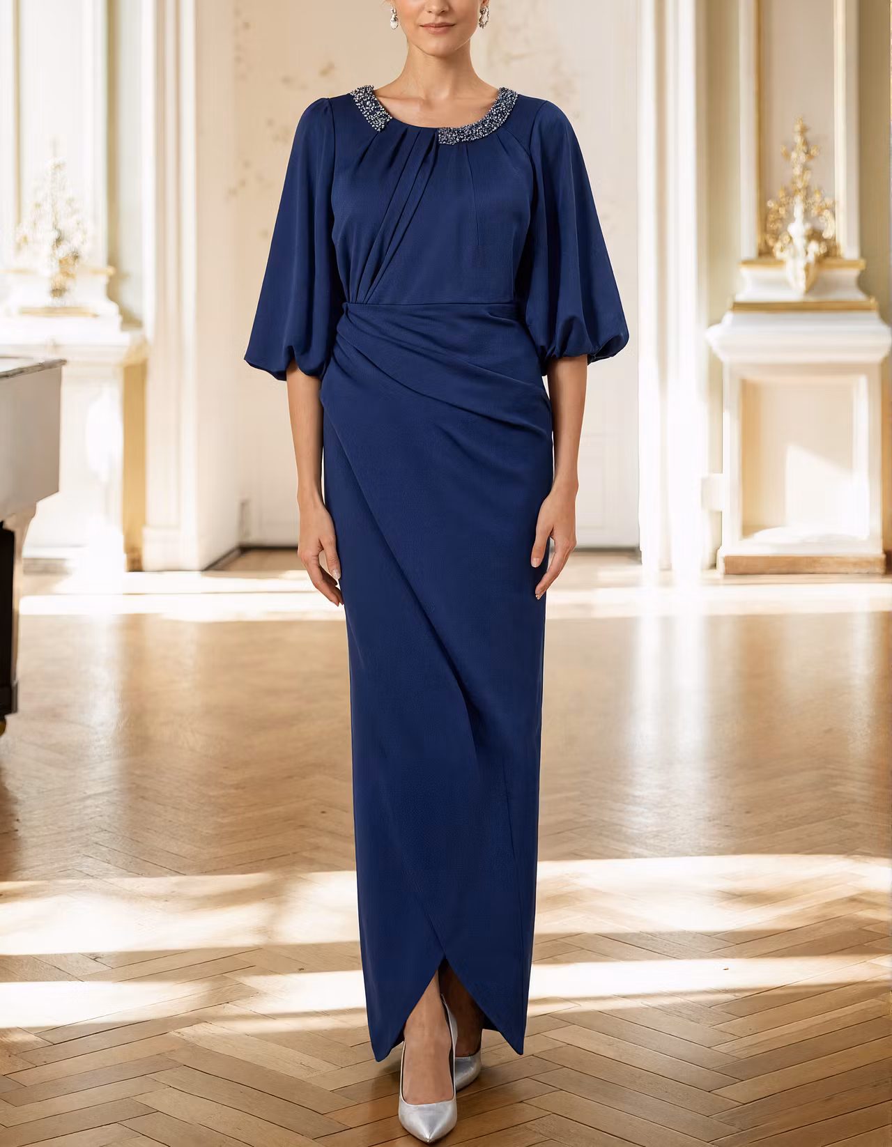 Deep Royal Blue Satin Sequined Crew Neck Midi Dress