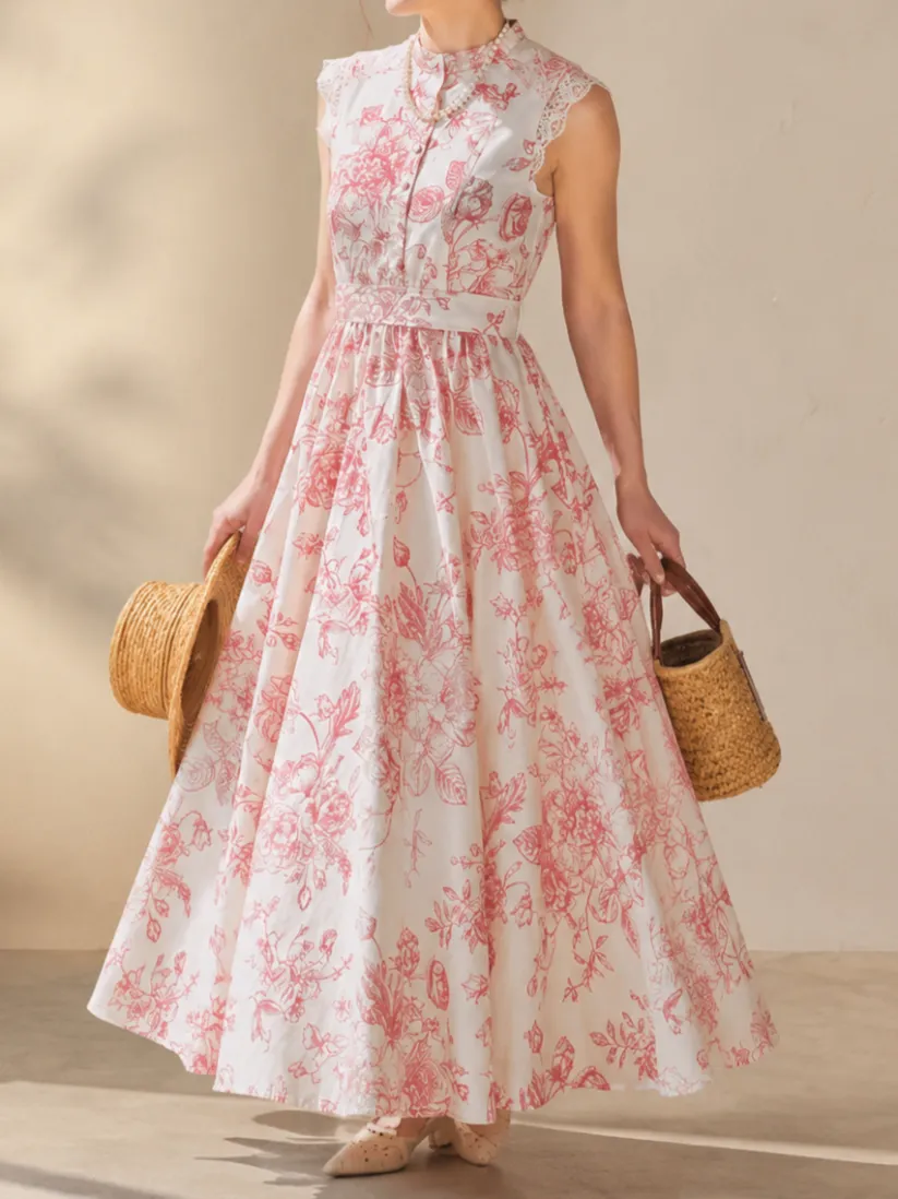  Maxi Linen Dress , Cap Sleeves, Stand Collar, Floral, Lace, Vintage, Apricot