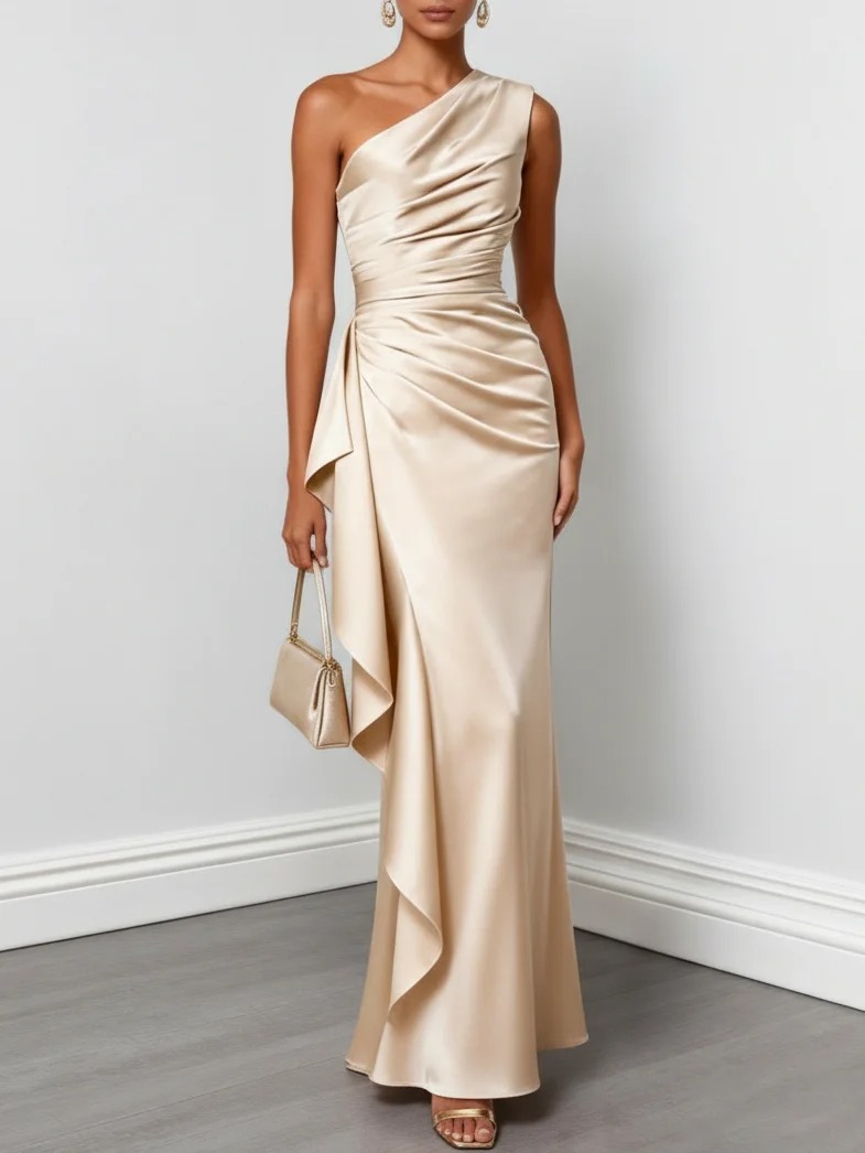 Champagne Ruffled Ruched One Shoulder Sleeveless A-Line Maxi Dress