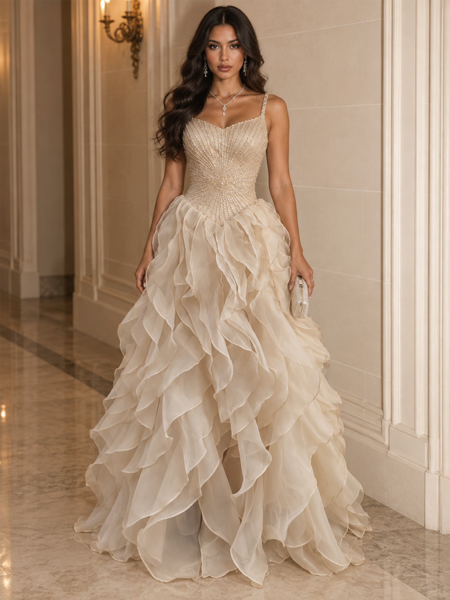 Spaghetti Straps Pleated Luxurious Maxi Evening Dresses with Beadings