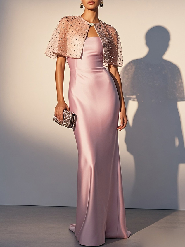 Light Pink Glitter Satin Wrap Sleeveless Sheath Gown Dress
