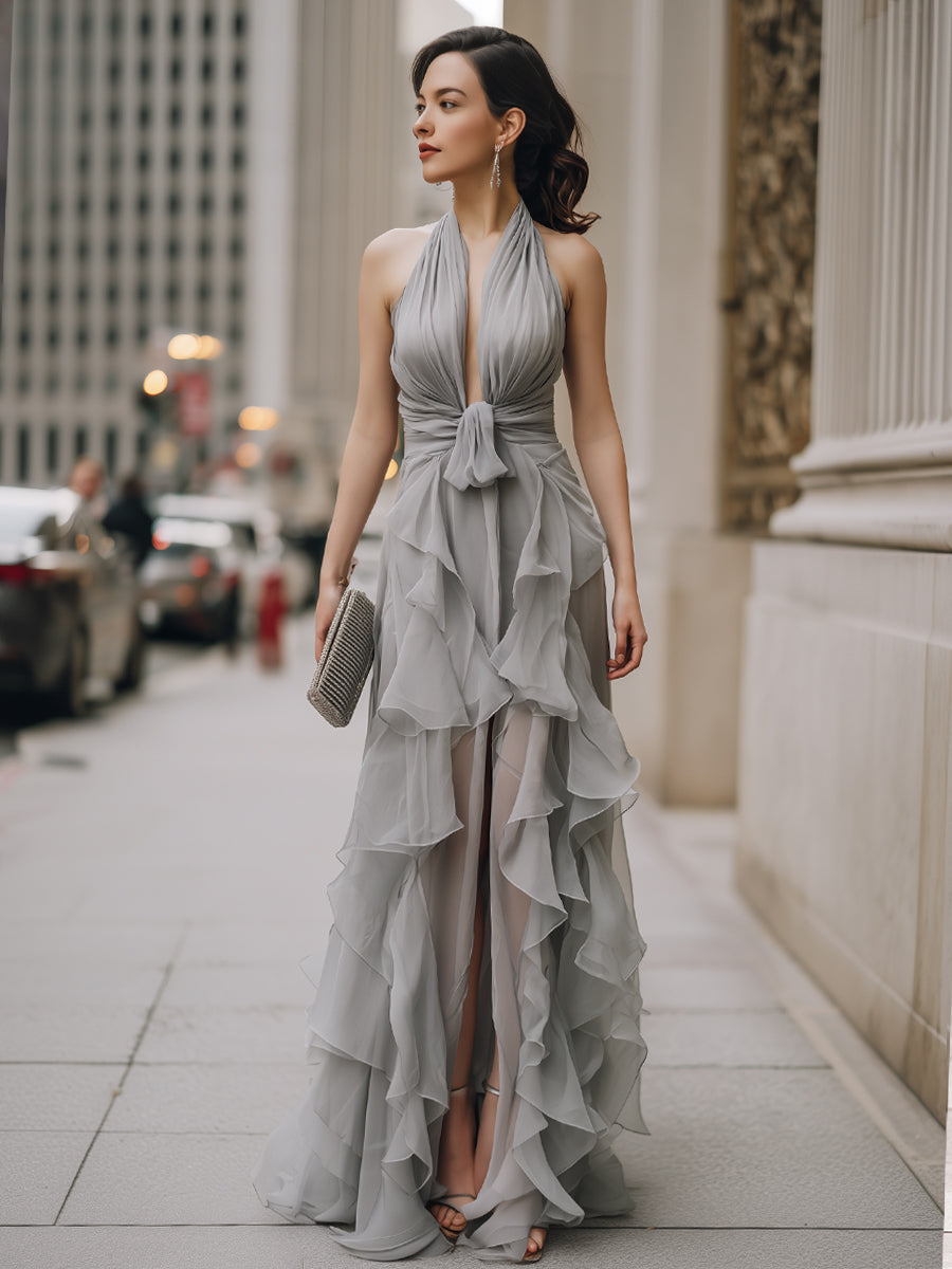 Grey Halter Neck Draped Ruffle Maxi Dress