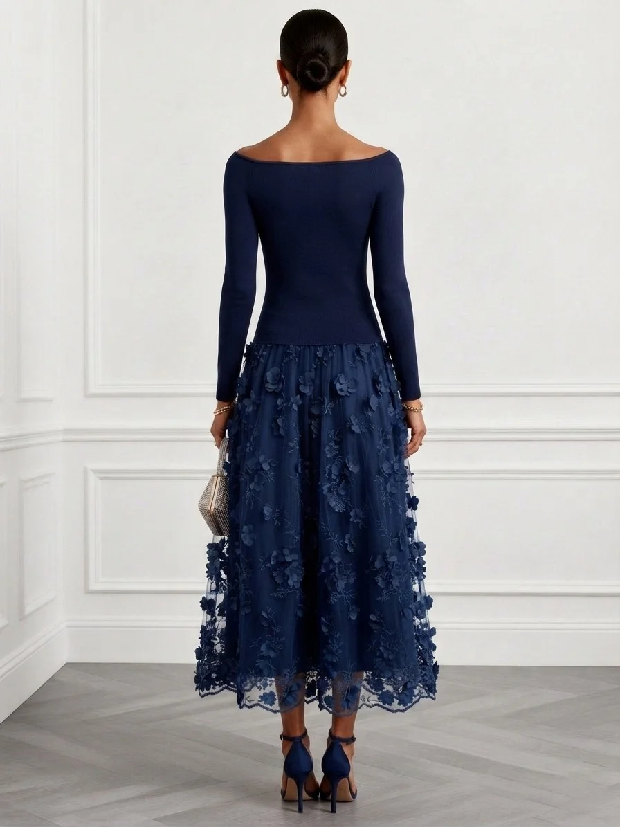 Purplish Blue 3D Floral Classic Boat Neck Long Sleeve A-Line Midi Dress