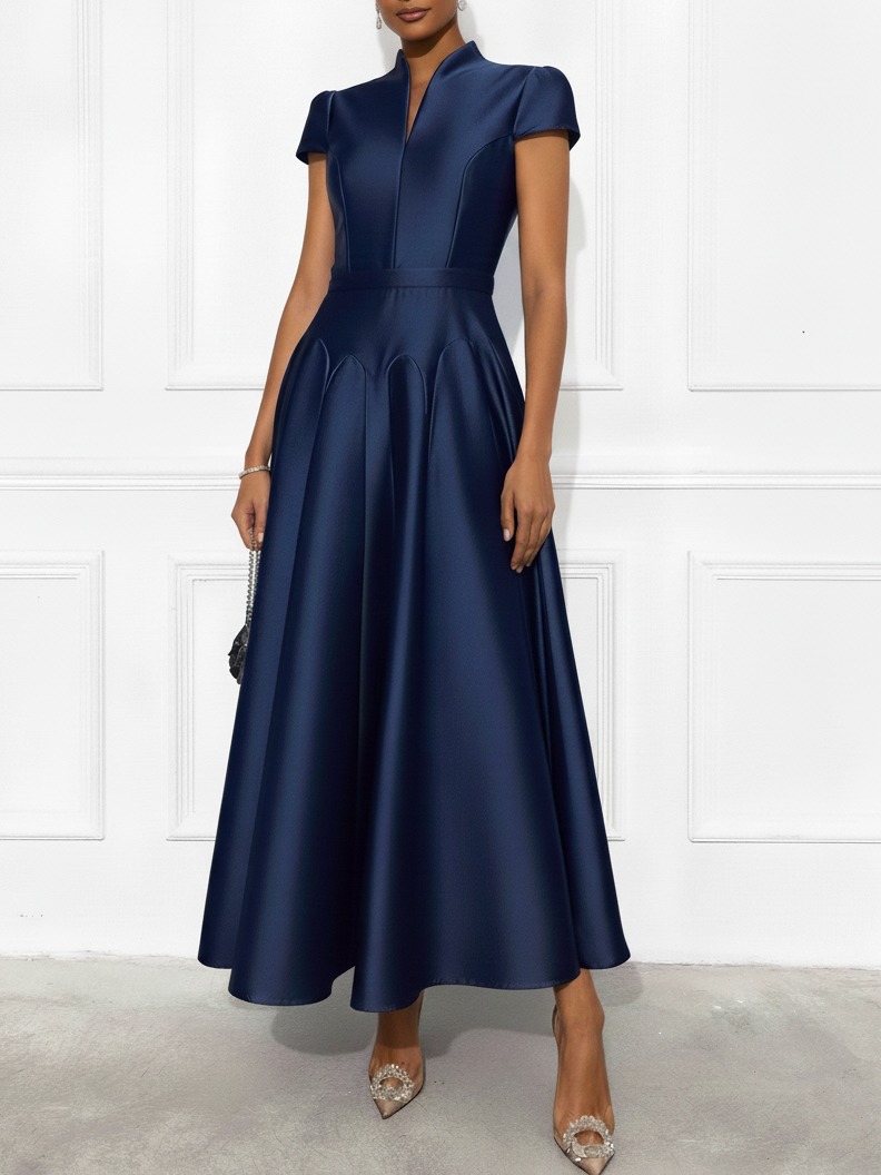 Navy Blue Satin Stand Collar Short Sleeve A-Line Maxi Dress