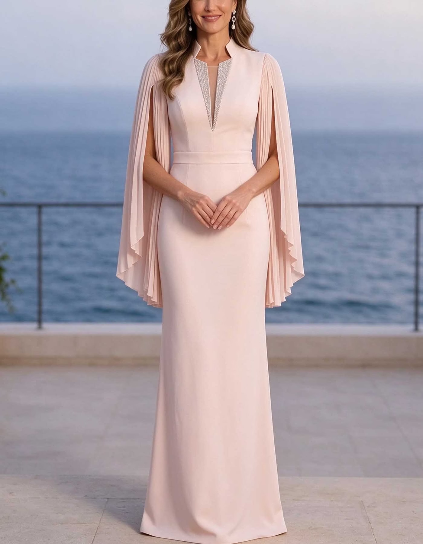 Chiffon Pleated Cape Sleeve V-Neck Maxi Dress