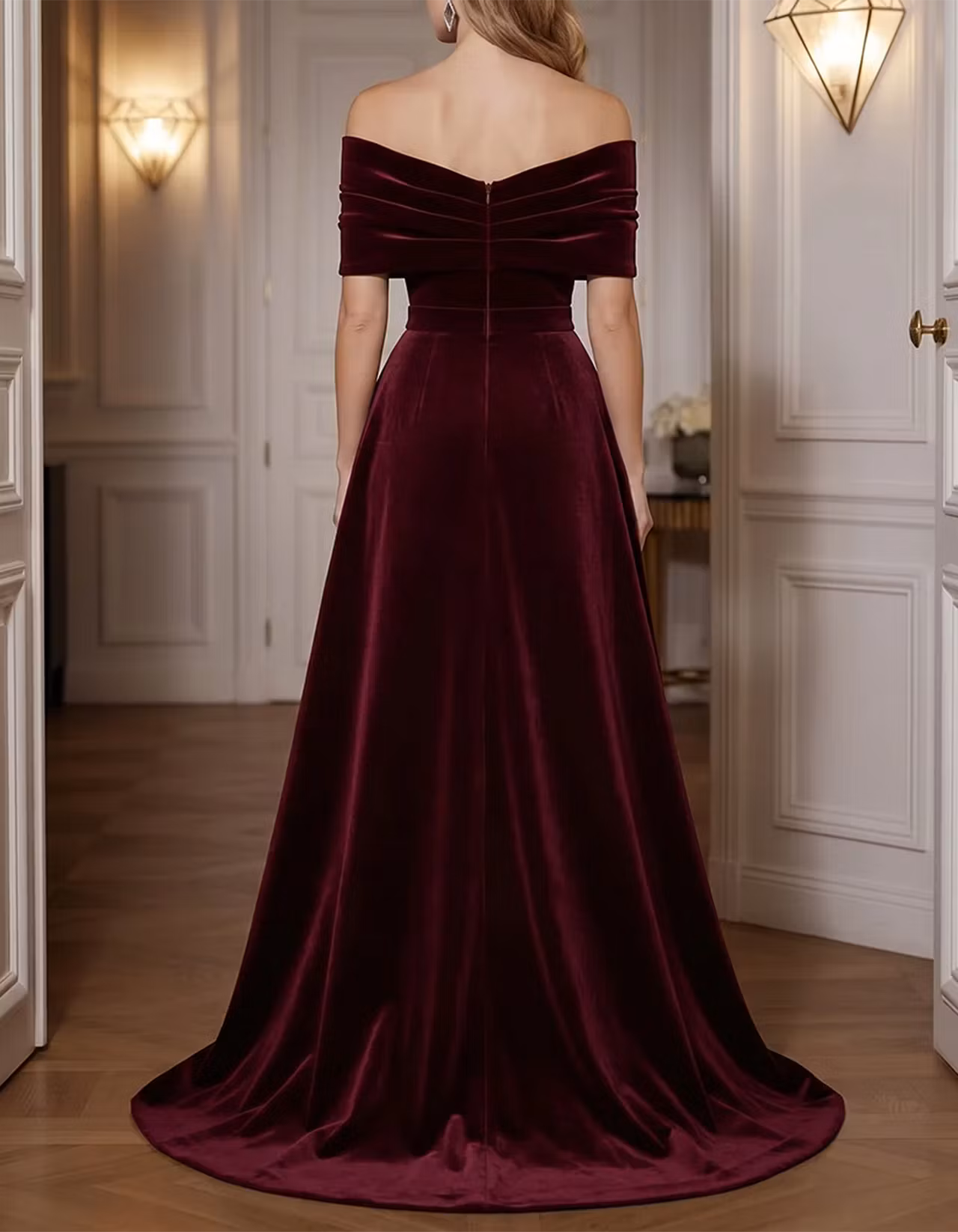 Burgundy Off-the-Shoulder Velvet & Sequin Mermaid Maxi Dress
