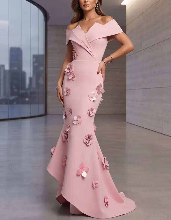 Pink Off Shoulder Fold V Neck 3D Floral Maxi Dress