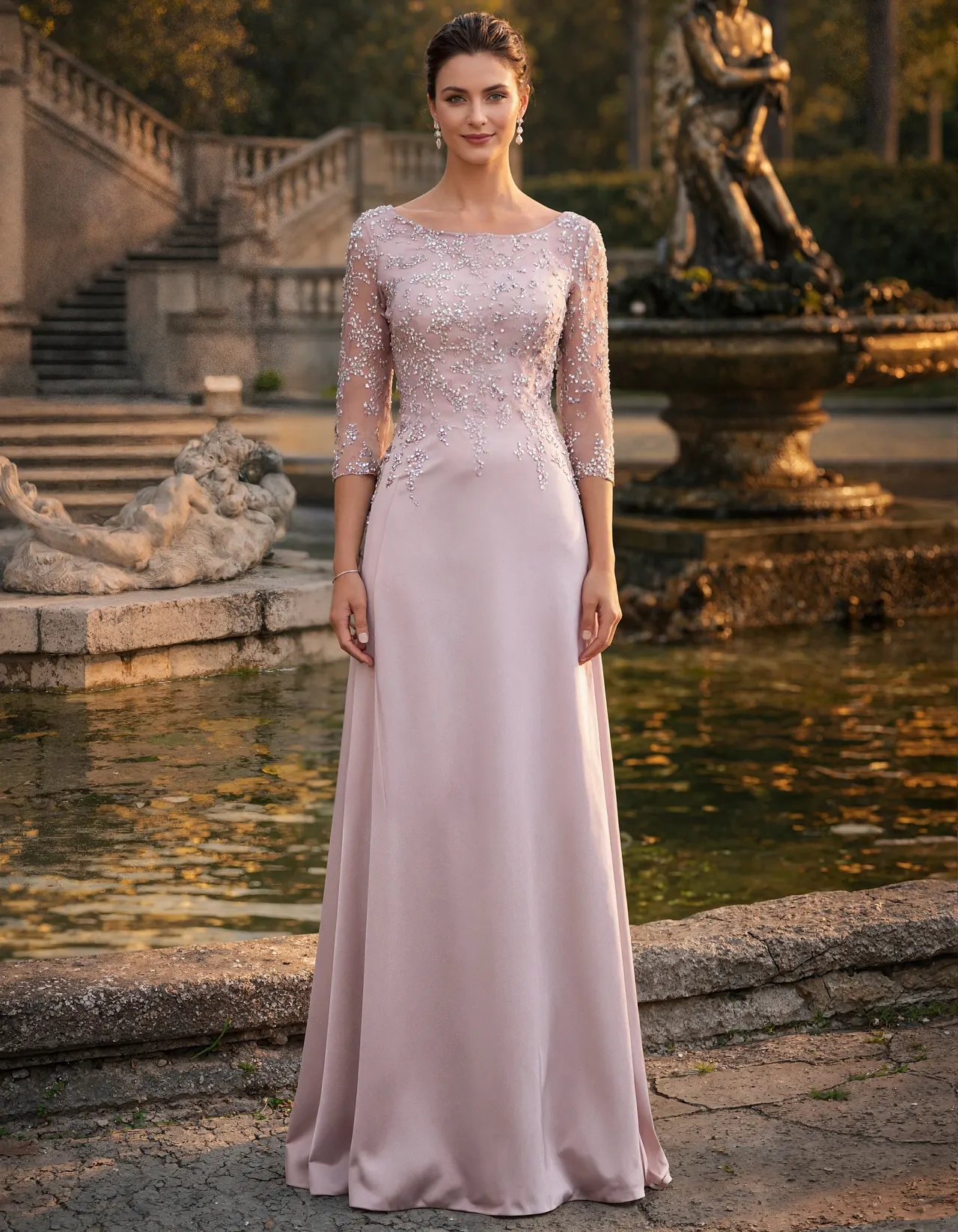 Dusty Pink Long Sleeve V-Neck With Sequins Maxi Dress