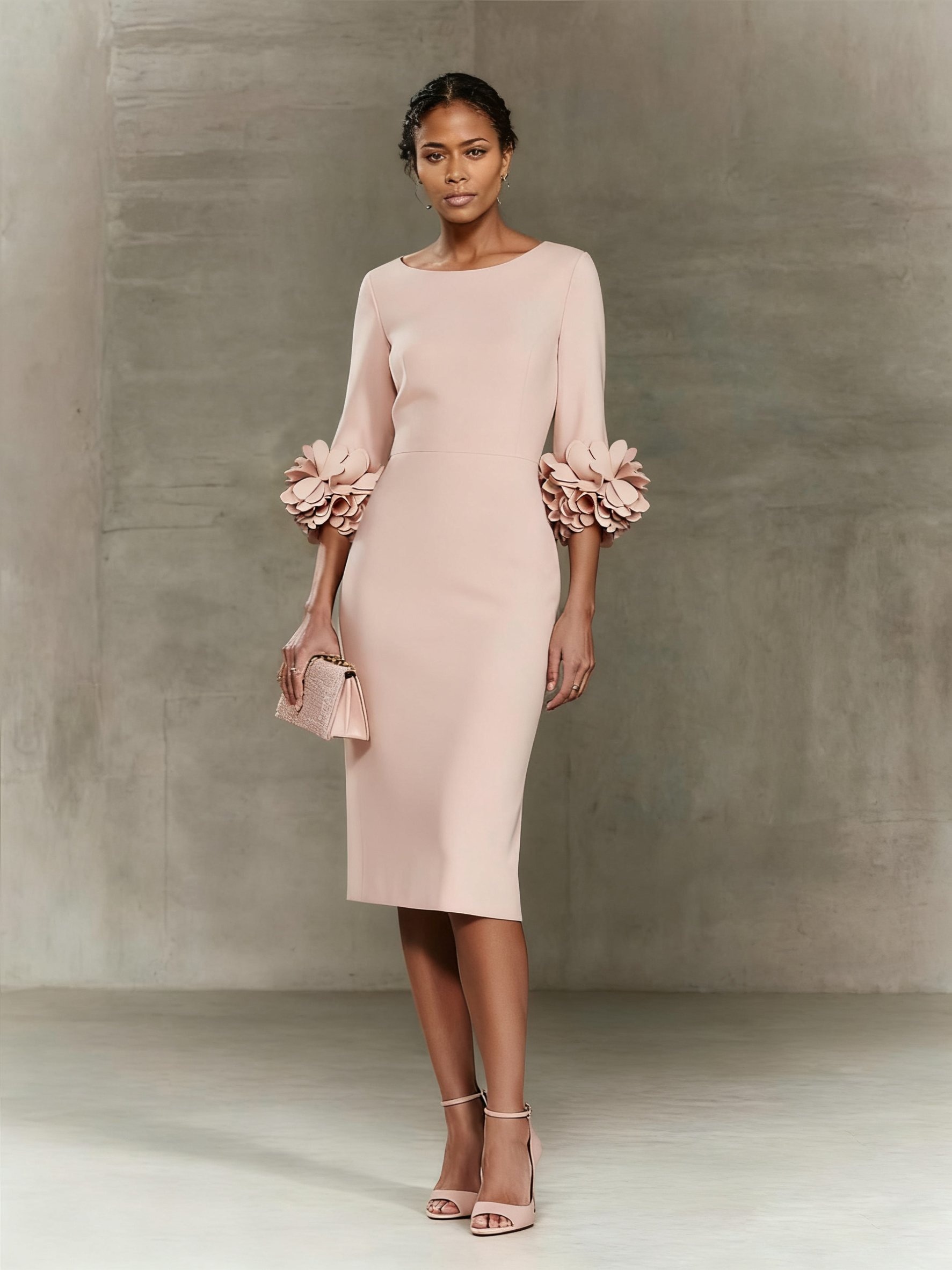 Light Pink 3D Floral Classic Crew Neck Half Sleeve Sheath Midi Dress