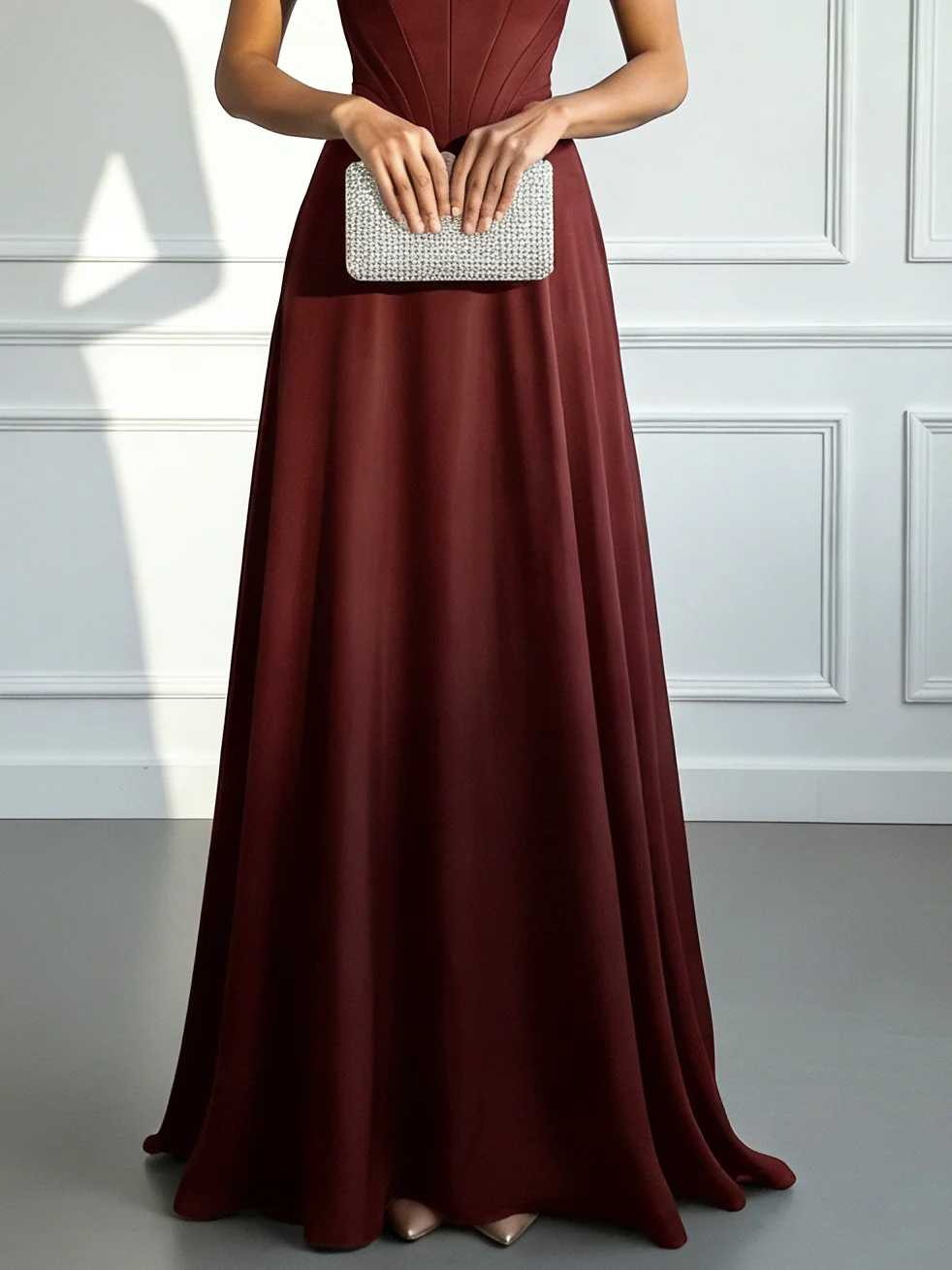 Burgundy Satin One Shoulder Sleeveless A-Line Maxi Dress