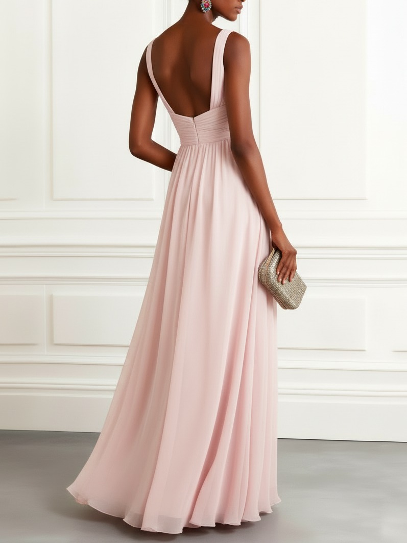 Pink Ruched Knot Chiffon Sweetheart Neckline Sleeveless A-Line Maxi Dress