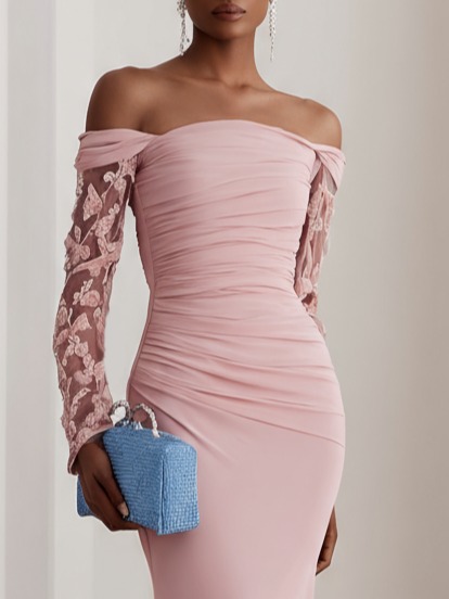 Pink Lace Classic Off The Shoulder Long Sleeve Sheath Gown Dress