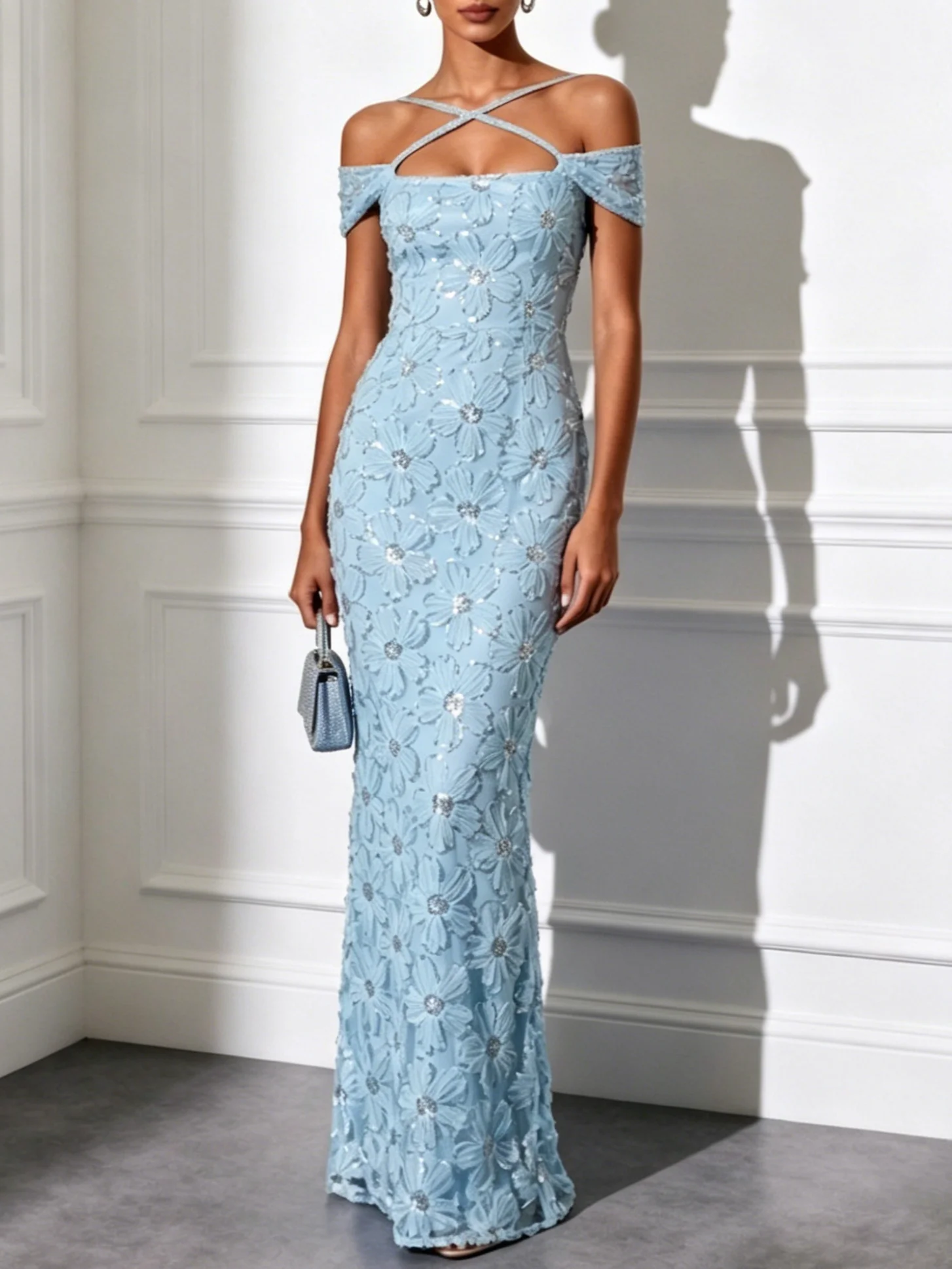 Light Blue Jacquard Glitter Classic Off The Shoulder Short Sleeve Mermaid Floor-length Gown Dress