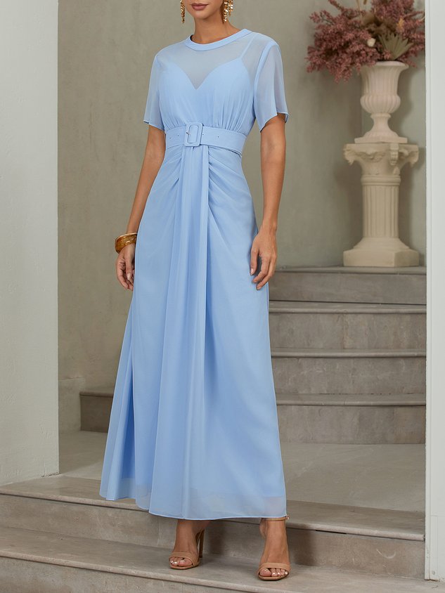 Light Blue Ruched Mesh Chiffon Crew Neck Short Sleeve A-Line Maxi Dress