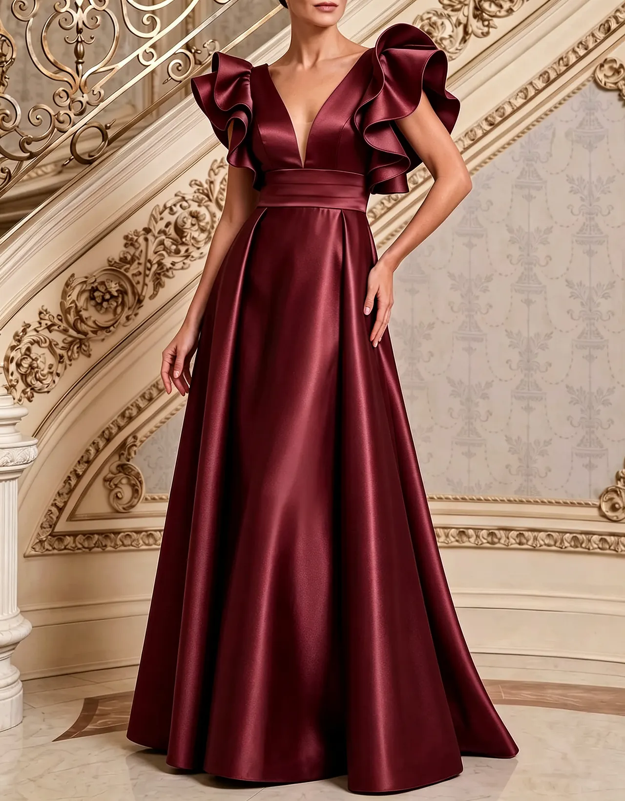 Deep V Neck Satin Ruffled Shoulder A Line Evening Maxi Dress